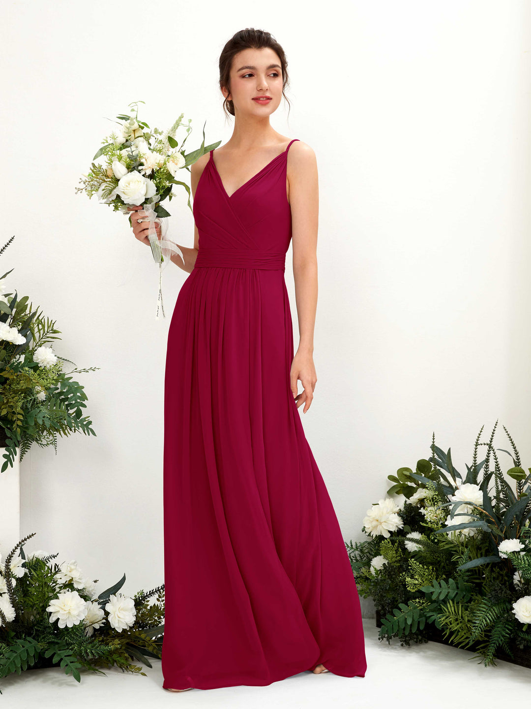 Carlyna A-Linien Bodenlanges V-Ausschnitt Chiffon Kleid Narrenrot 