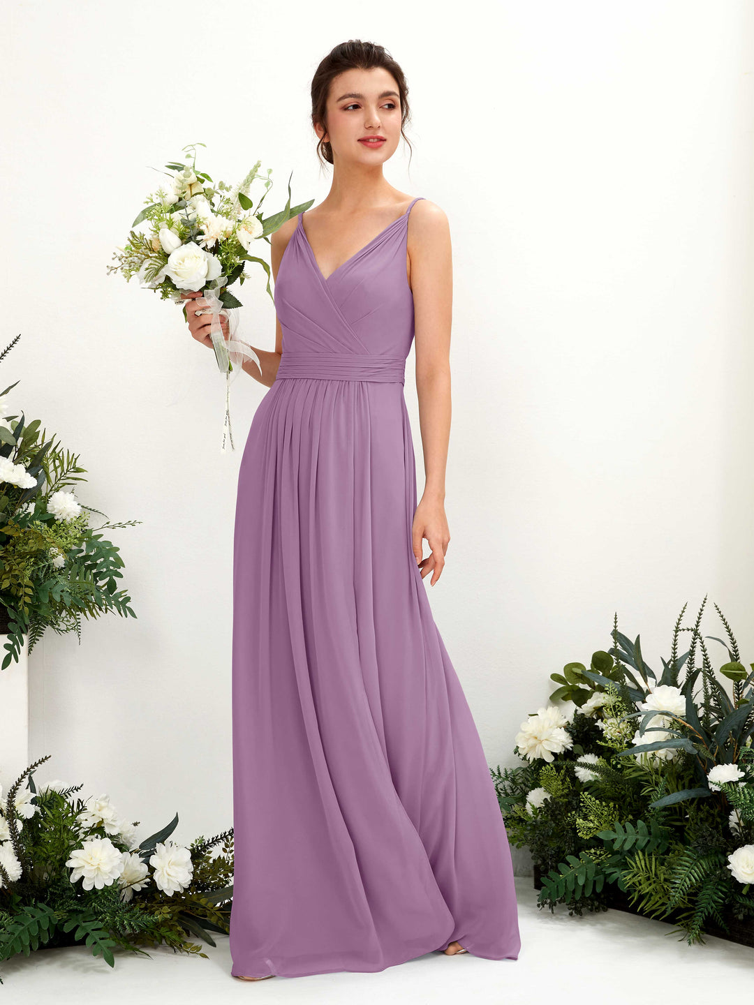Carlyna A-Linien Bodenlanges V-Ausschnitt Chiffon Kleid Orchideen-Nebel 