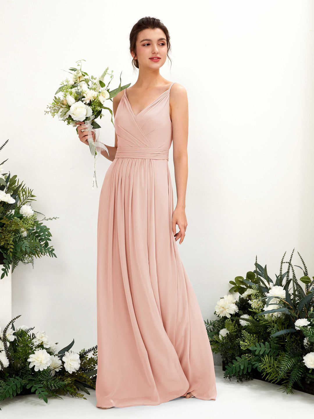 Carlyna A-Linien Bodenlanges V-Ausschnitt Chiffon Kleid Perlrosa 