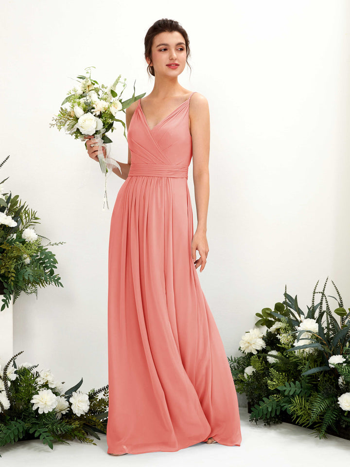 Carlyna A-Linien Bodenlanges V-Ausschnitt Chiffon Kleid Pfirsichrosa 