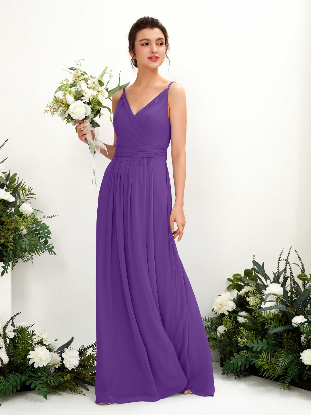 Carlyna A-Linien Bodenlanges V-Ausschnitt Chiffon Kleid Regency 
