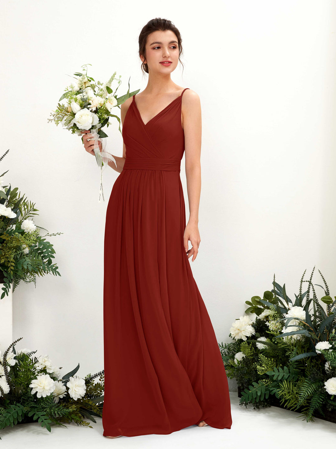 Carlyna A-Linien Bodenlanges V-Ausschnitt Chiffon Kleid Rostrot 
