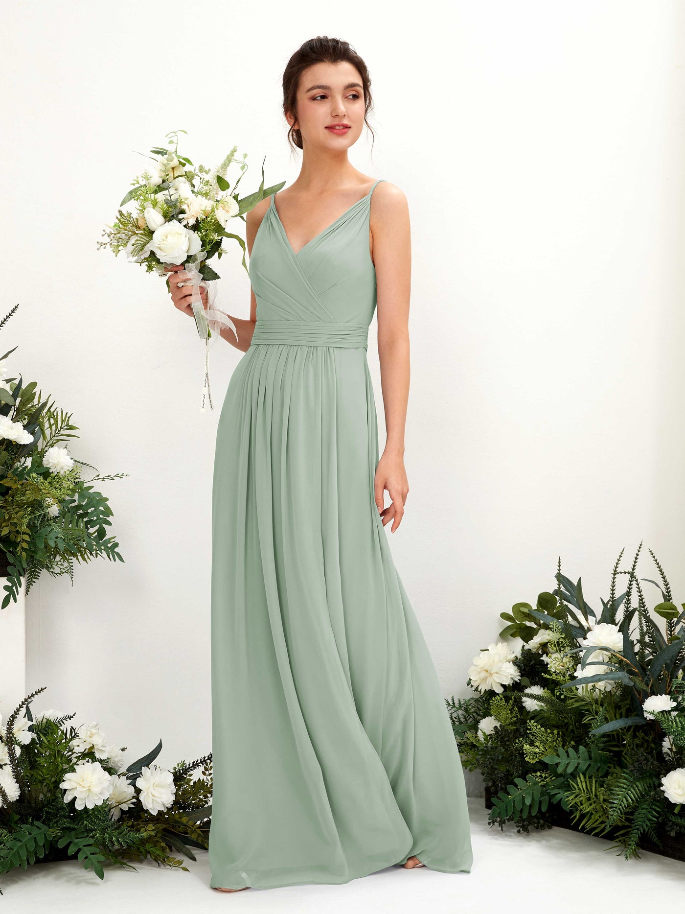 Carlyna A-Linien Bodenlanges V-Ausschnitt Chiffon Kleid Salbeigrün #farbe_salbeigr-n