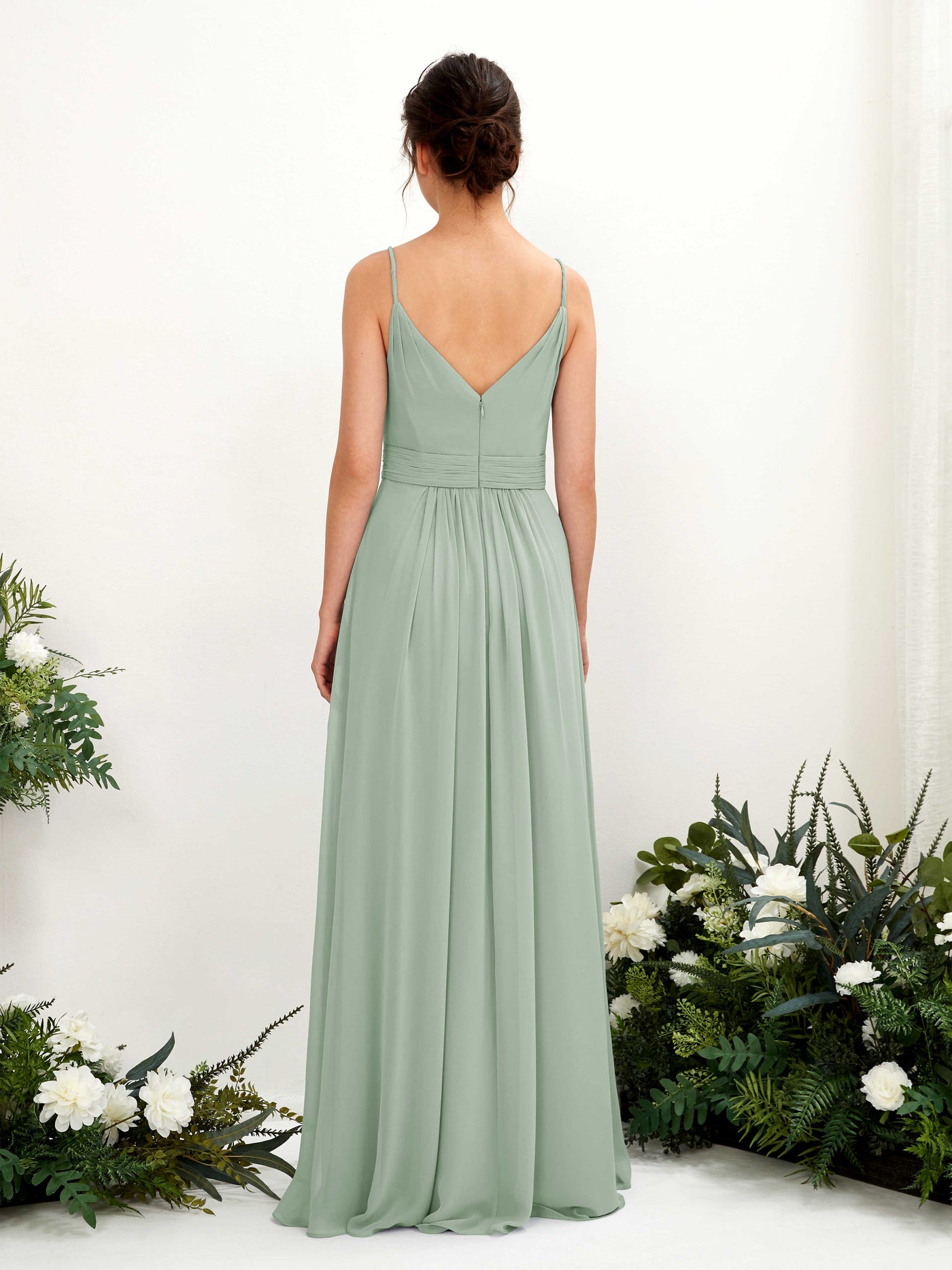 Carlyna A-Linien Bodenlanges V-Ausschnitt Chiffon Kleid Salbeigrün #farbe_salbeigr-n