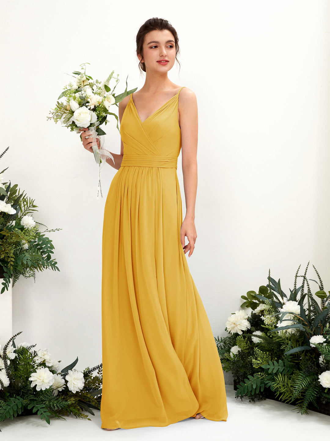 Carlyna A-Linien Bodenlanges V-Ausschnitt Chiffon Kleid Senfgelb 