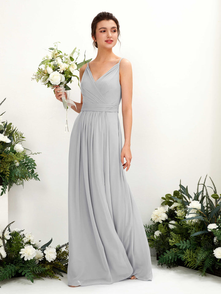 Carlyna A-Linien Bodenlanges V-Ausschnitt Chiffon Kleid Silber 