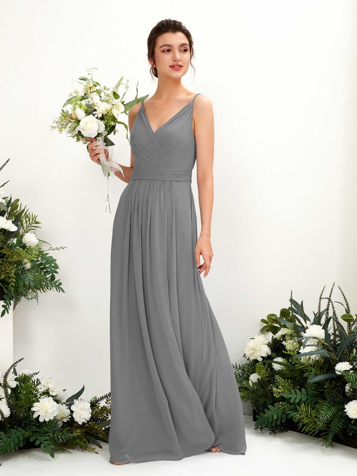 Carlyna A-Linien Bodenlanges V-Ausschnitt Chiffon Kleid Stahlgrau 