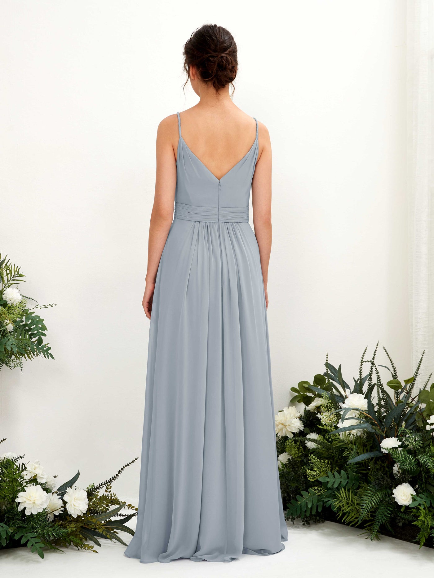 Carlyna A-Linien Bodenlanges V-Ausschnitt Chiffon Kleid Staubiges Blau-Upgrade #farbe_staubiges-blau-upgrade