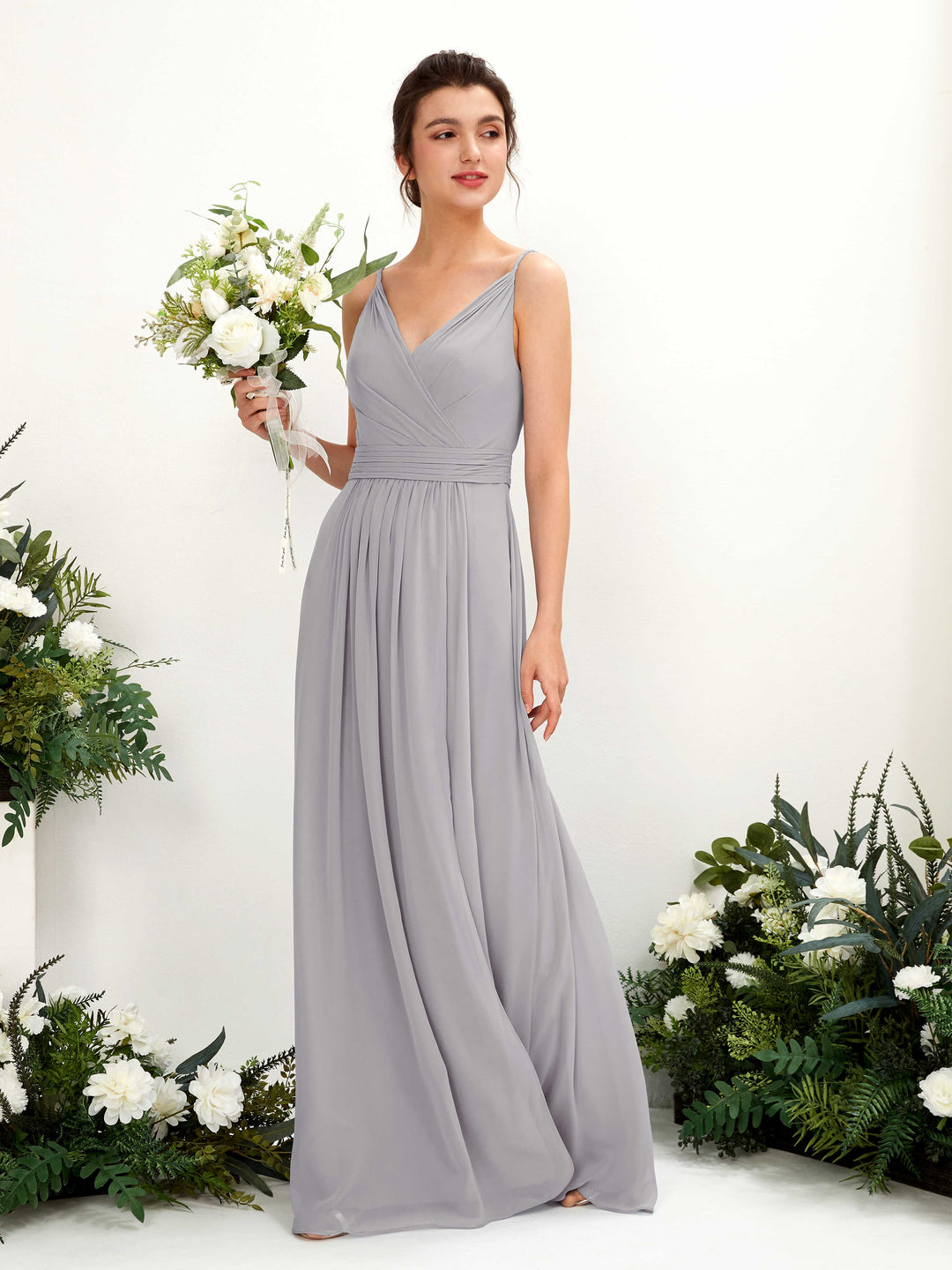 Carlyna A-Linien Bodenlanges V-Ausschnitt Chiffon Kleid Taube 