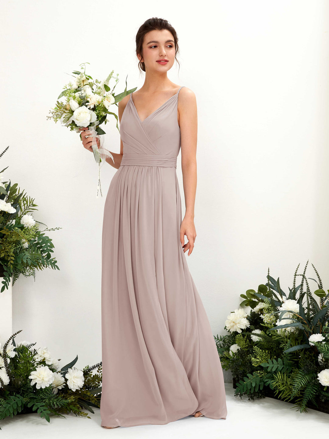 Carlyna A-Linien Bodenlanges V-Ausschnitt Chiffon Kleid Taupe 