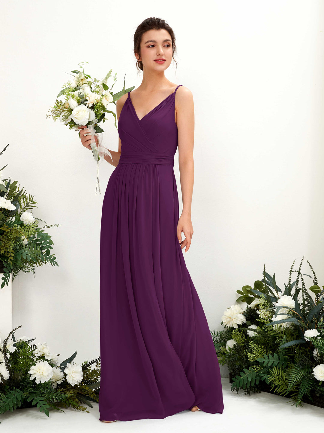 Carlyna A-Linien Bodenlanges V-Ausschnitt Chiffon Kleid Traube 