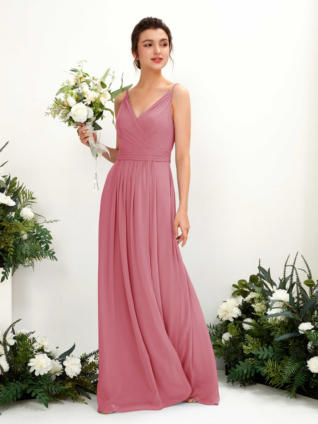 Carlyna A-Linien Bodenlanges V-Ausschnitt Chiffon Kleid Wüstenrose 