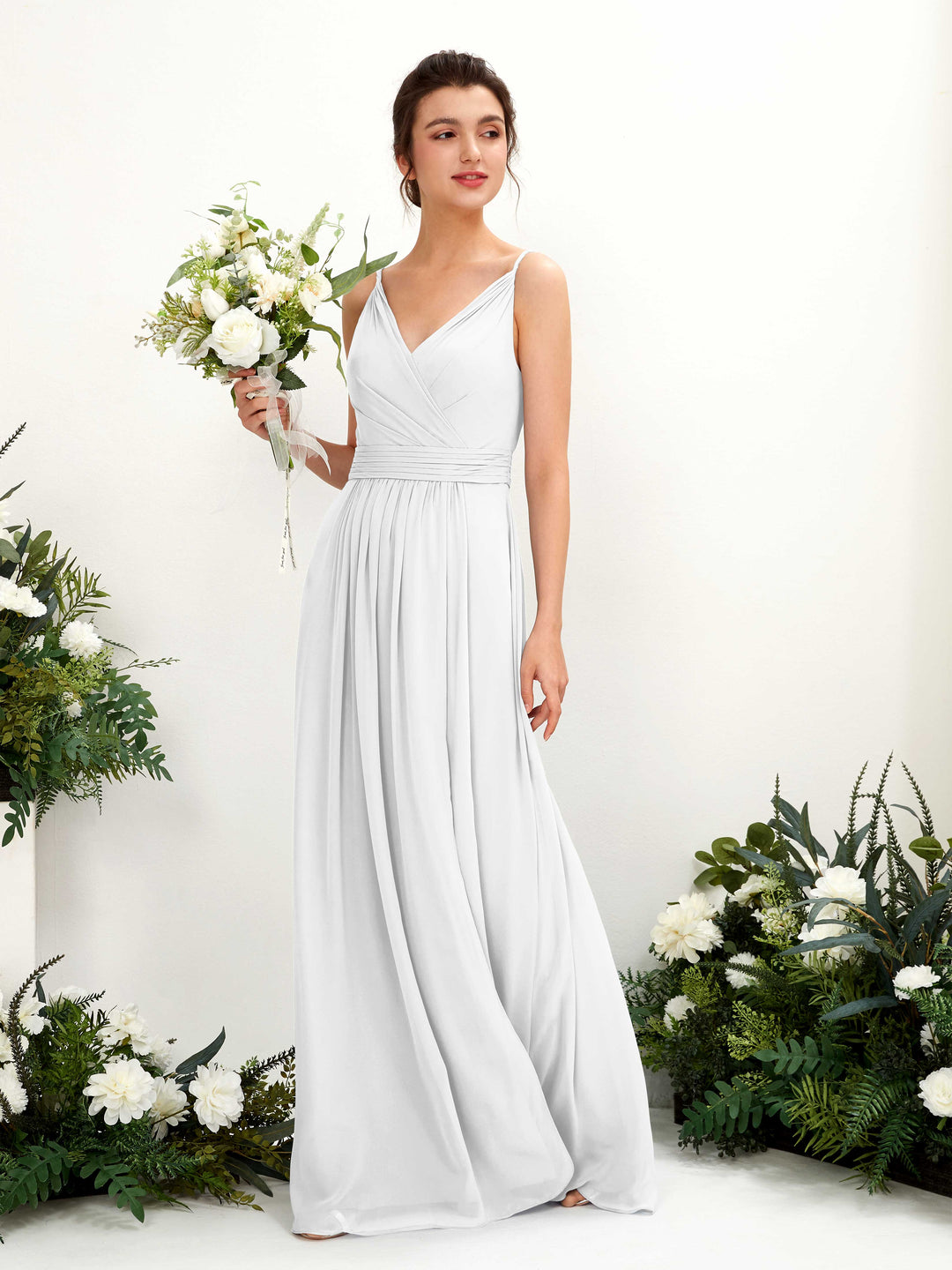 Carlyna A-Linien Bodenlanges V-Ausschnitt Chiffon Kleid Weiß 
