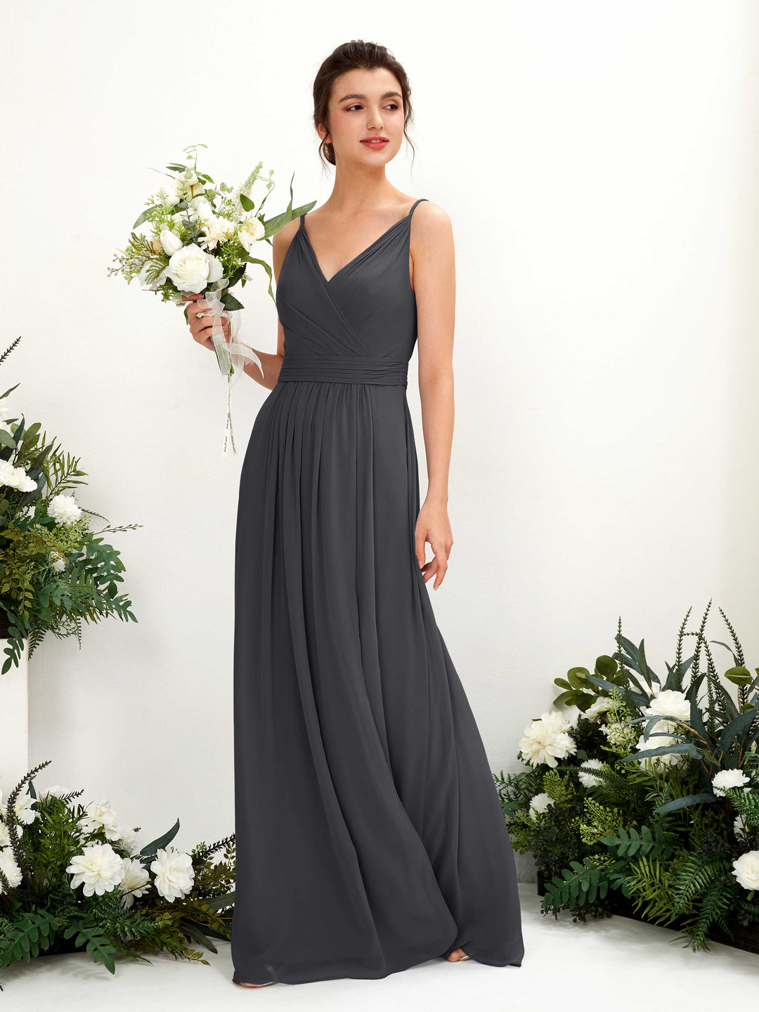 Carlyna A-Linien Bodenlanges V-Ausschnitt Chiffon Kleid Zinnfarben 