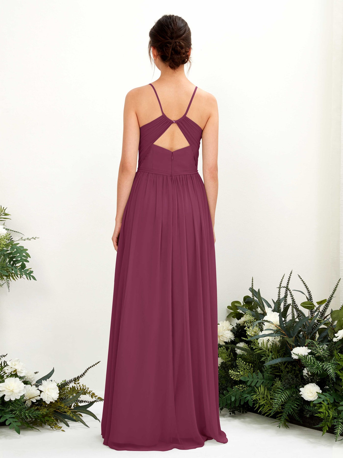 Carlyna A-Linien Bodenlanges V-Ausschnitt Spaghettiträger Brautjungfernkleid Chianti #farbe_chianti