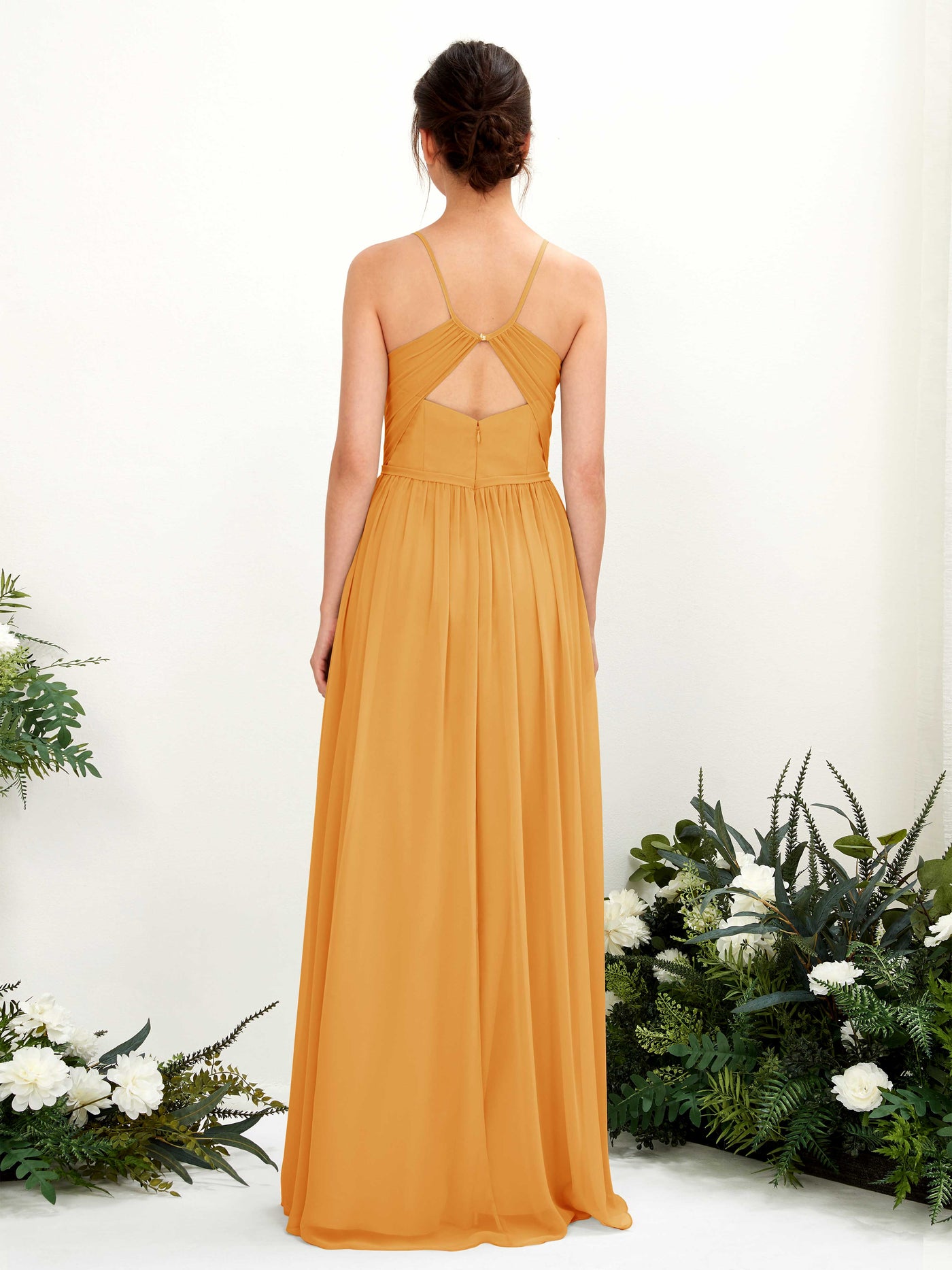 Carlyna A-Linien Bodenlanges V-Ausschnitt Spaghettiträger Brautjungfernkleid Mango #farbe_mango