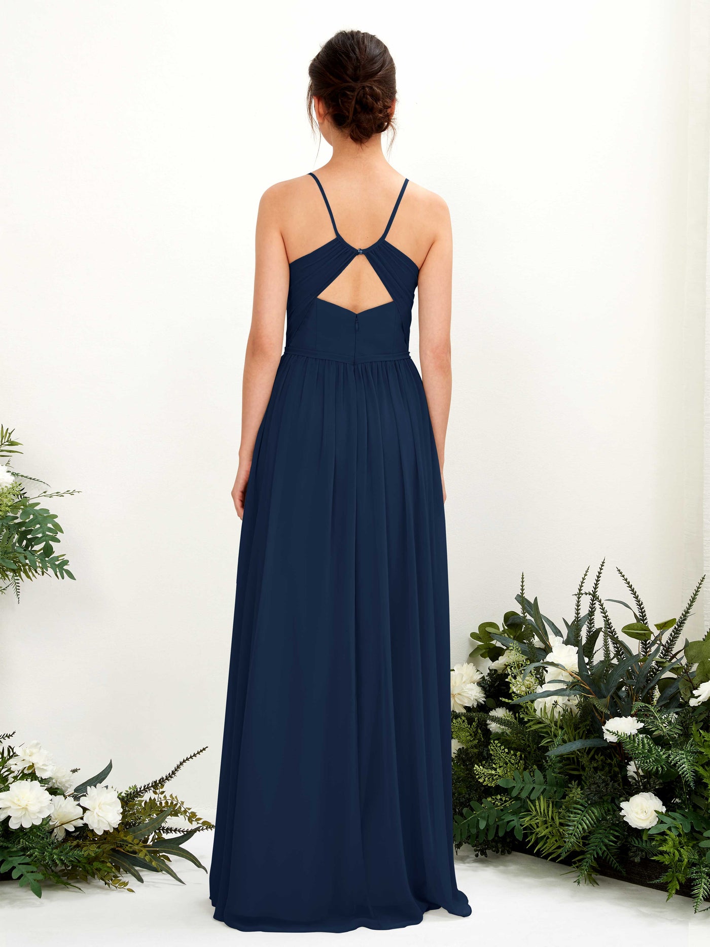Carlyna A-Linien Bodenlanges V-Ausschnitt Spaghettiträger Brautjungfernkleid Marineblau #farbe_marineblau