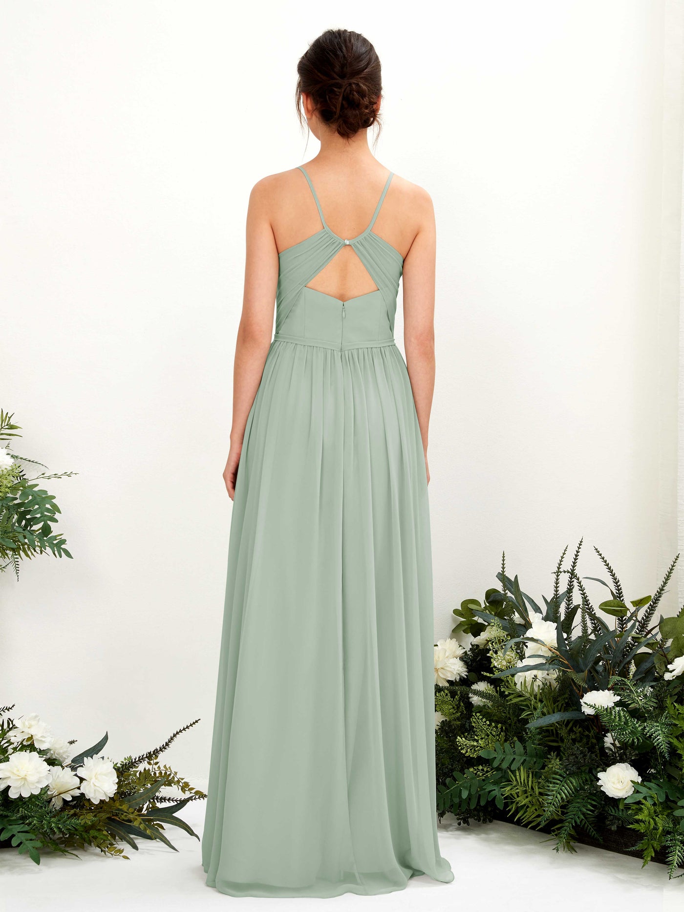 Carlyna A-Linien Bodenlanges V-Ausschnitt Spaghettiträger Brautjungfernkleid Salbeigrün #farbe_salbeigr-n