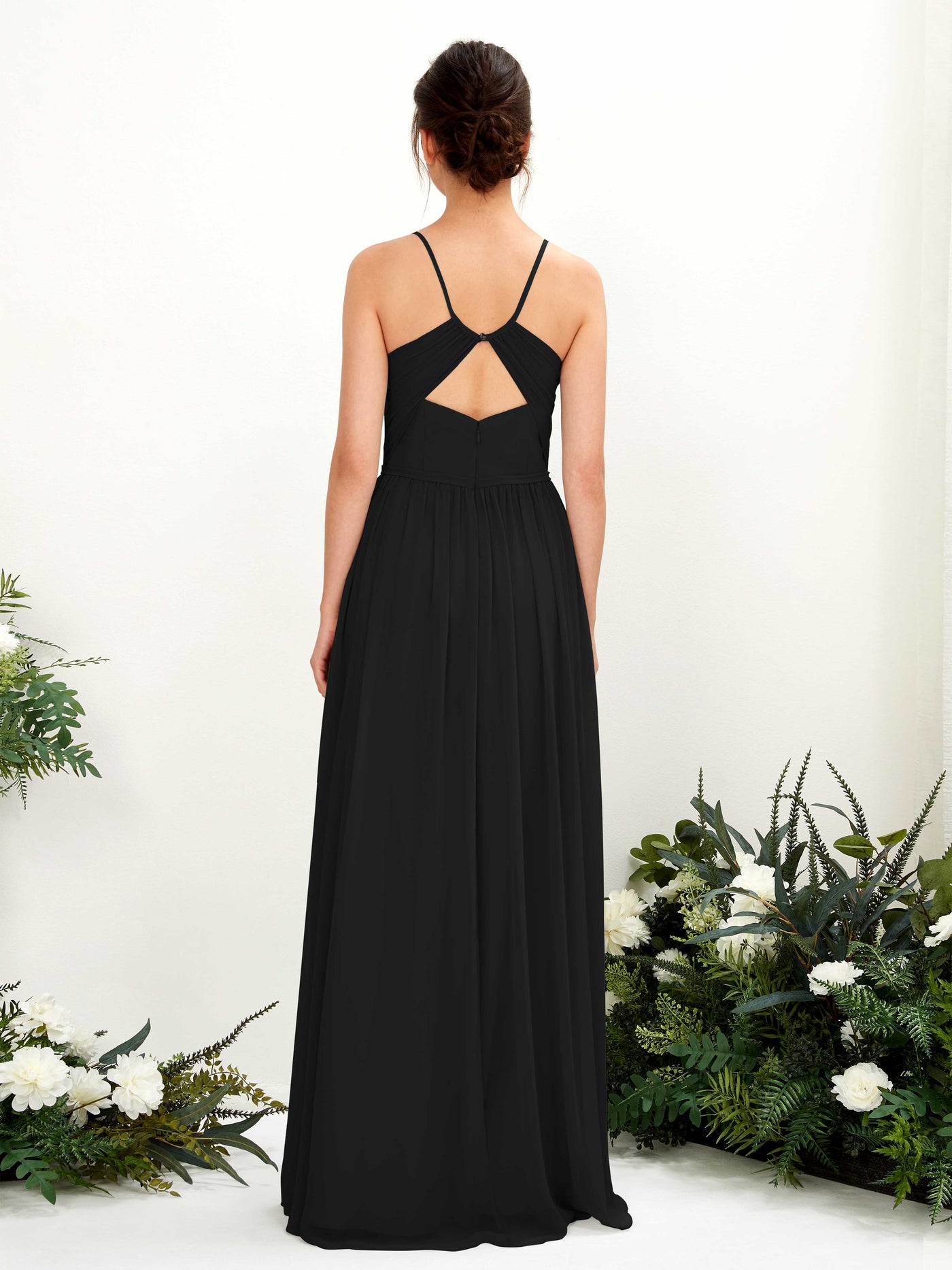 Carlyna A-Linien Bodenlanges V-Ausschnitt Spaghettiträger Brautjungfernkleid Schwarz #farbe_schwarz