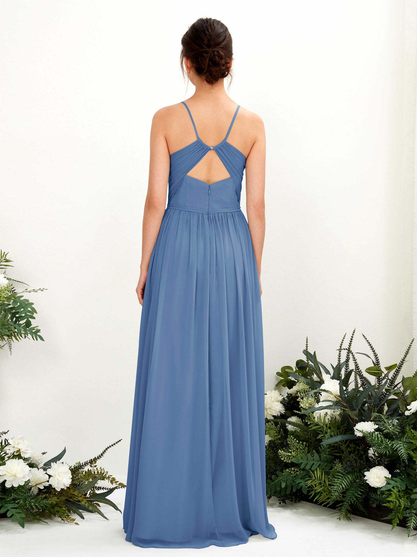 Carlyna A-Linien Bodenlanges V-Ausschnitt Spaghettiträger Brautjungfernkleid Staubiges Blau #farbe_staubiges-blau