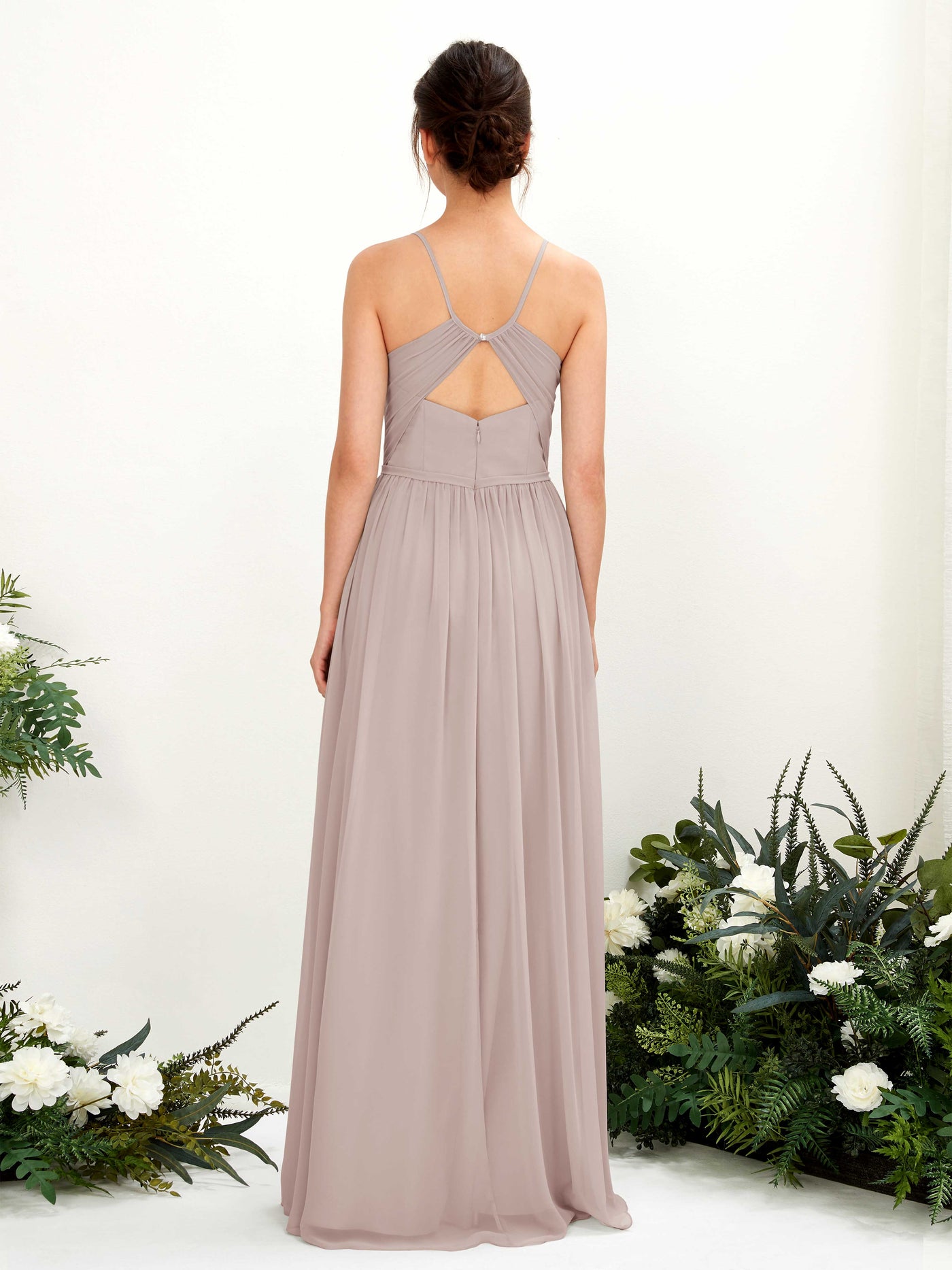 Carlyna A-Linien Bodenlanges V-Ausschnitt Spaghettiträger Brautjungfernkleid Taupe #farbe_taupe