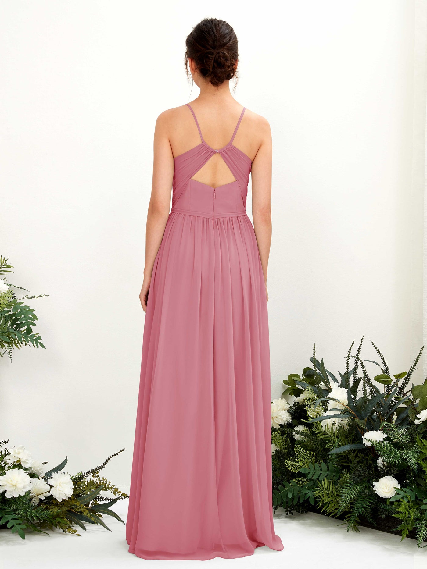 Carlyna A-Linien Bodenlanges V-Ausschnitt Spaghettiträger Brautjungfernkleid Wüstenrose #farbe_w-stenrose