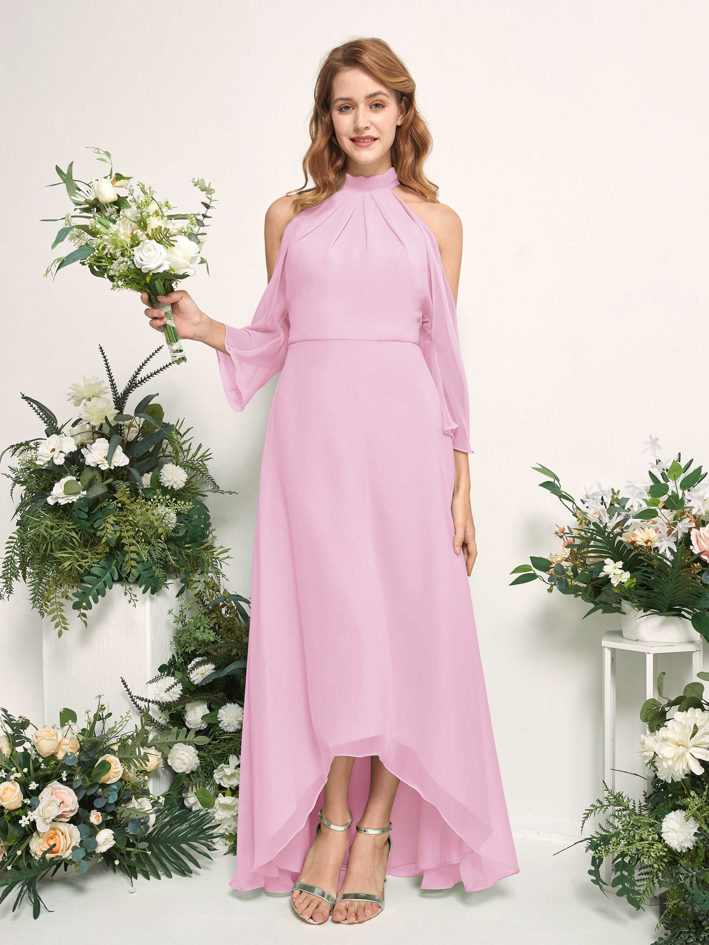 Carlyna A-Linien Brautjungfernkleid Rundhals Bodenlang Chiffon Bonbonrosa #farbe_bonbonrosa