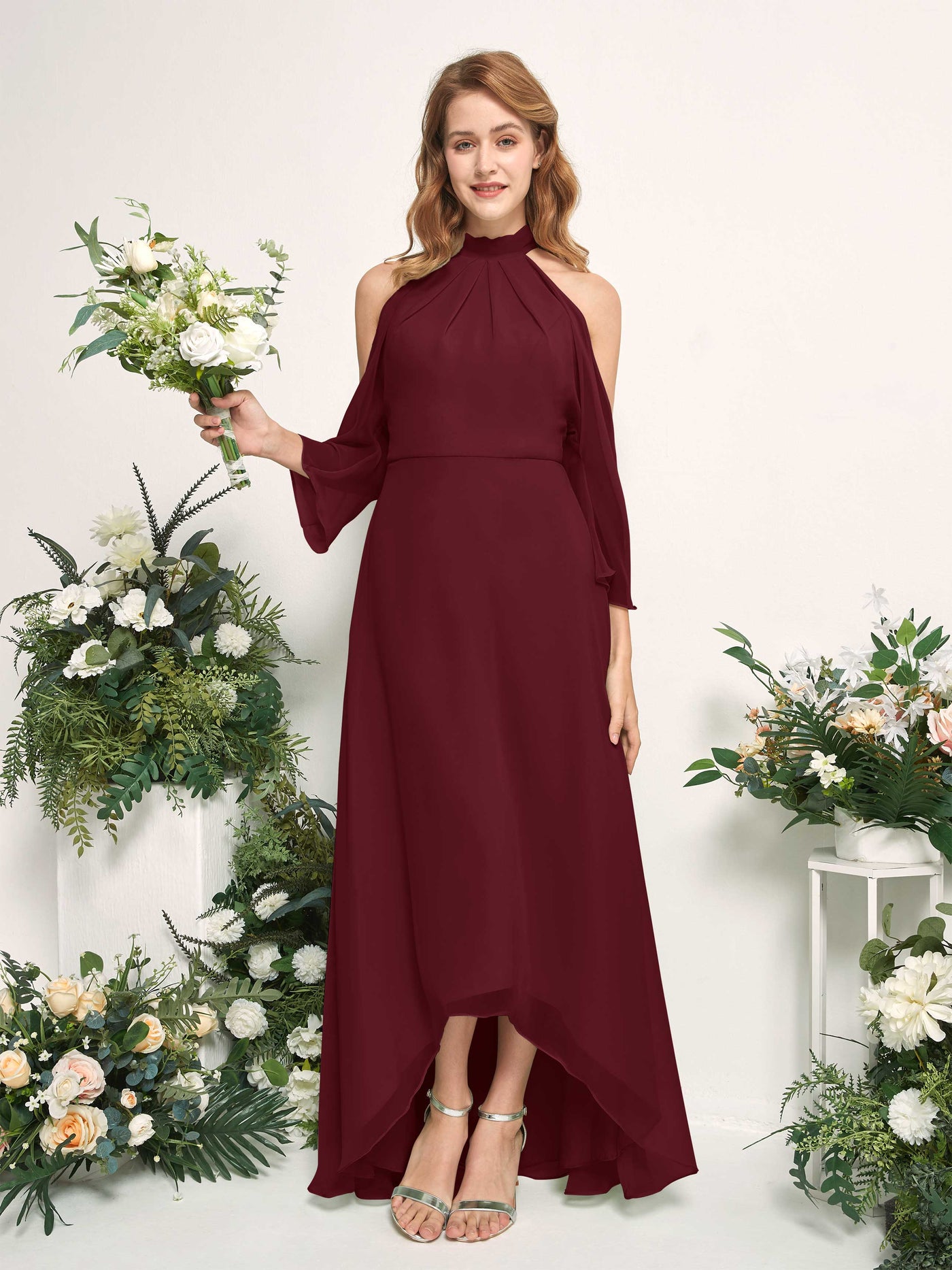 Carlyna A-Linien Brautjungfernkleid Rundhals Bodenlang Chiffon Burgunderrot #farbe_burgunderrot