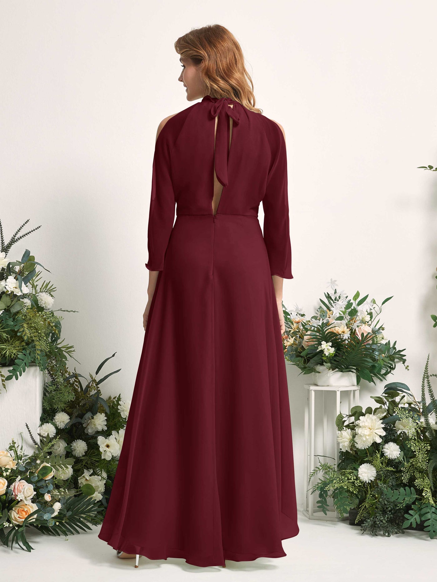 Carlyna A-Linien Brautjungfernkleid Rundhals Bodenlang Chiffon Burgunderrot #farbe_burgunderrot