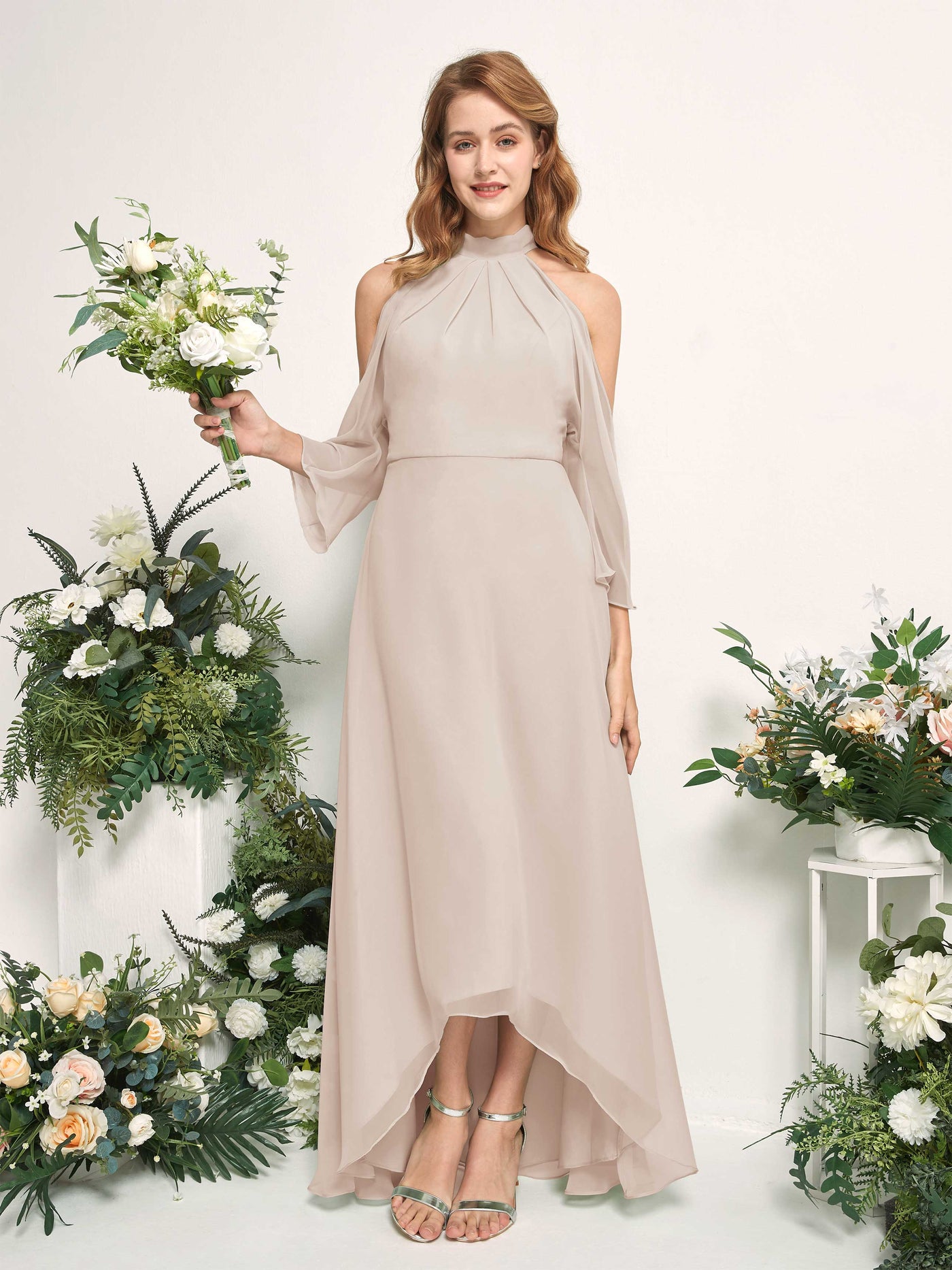 Carlyna A-Linien Brautjungfernkleid Rundhals Bodenlang Chiffon Champagner #farbe_champagner