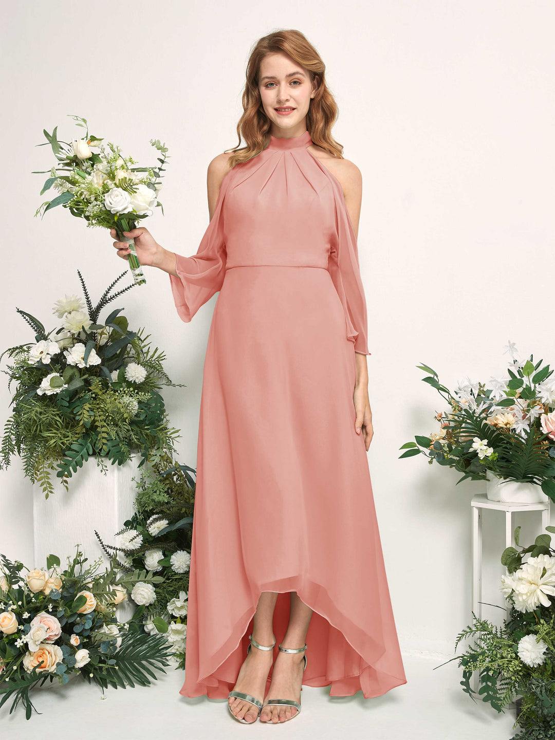 Carlyna A-Linien Brautjungfernkleid Rundhals Bodenlang Chiffon Champagner-Rose 