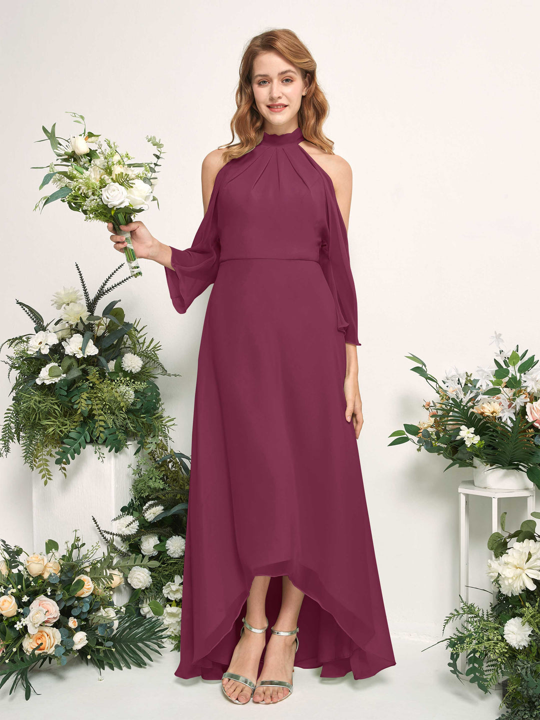 Carlyna A-Linien Brautjungfernkleid Rundhals Bodenlang Chiffon Chianti 
