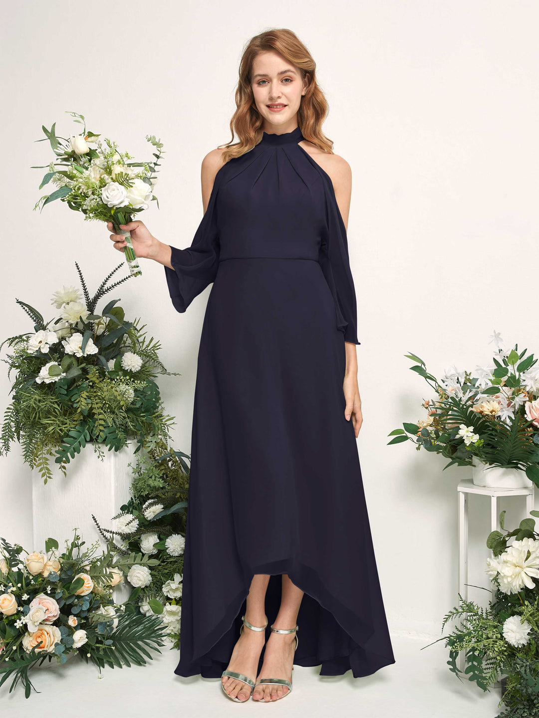 Carlyna A-Linien Brautjungfernkleid Rundhals Bodenlang Chiffon Dunkel Marineblau 