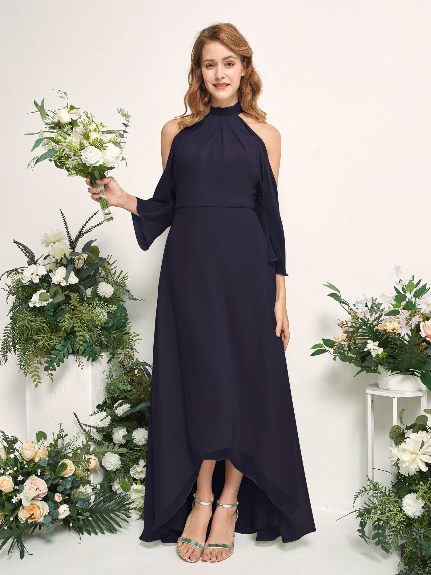 Carlyna A-Linien Brautjungfernkleid Rundhals Bodenlang Chiffon Dunkel Marineblau #farbe_dunkel-marineblau