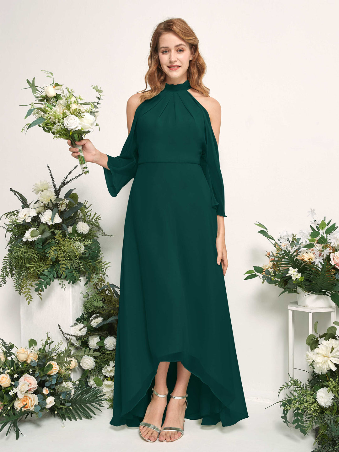 Carlyna A-Linien Brautjungfernkleid Rundhals Bodenlang Chiffon Dunkelsmaragd 