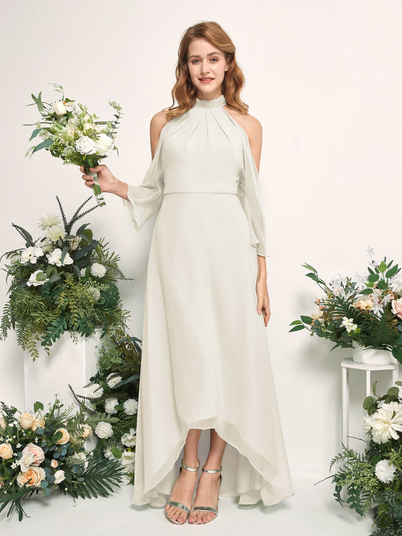 Carlyna A-Linien Brautjungfernkleid Rundhals Bodenlang Chiffon Elfenbein #farbe_elfenbein