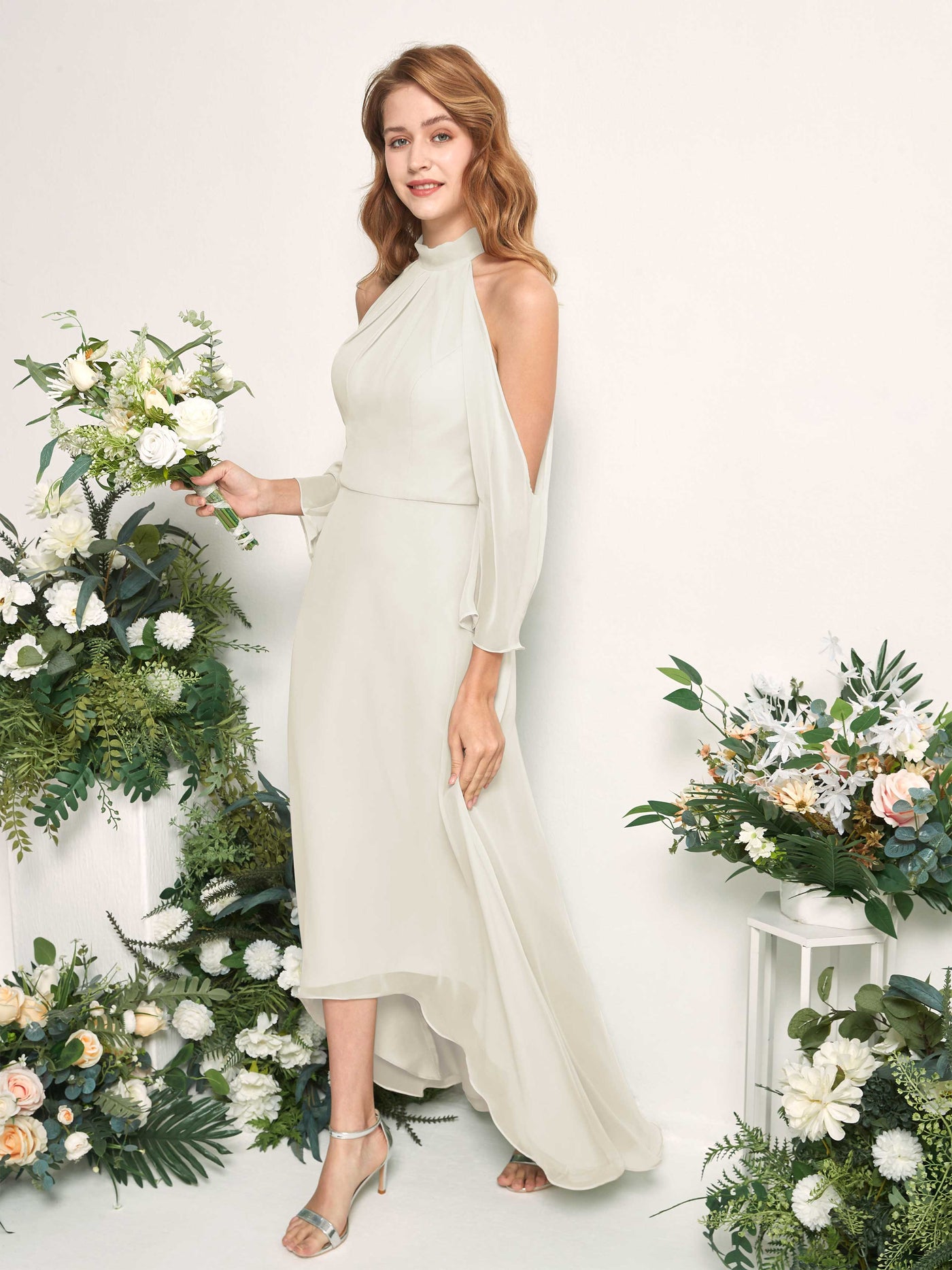 Carlyna A-Linien Brautjungfernkleid Rundhals Bodenlang Chiffon Elfenbein #farbe_elfenbein