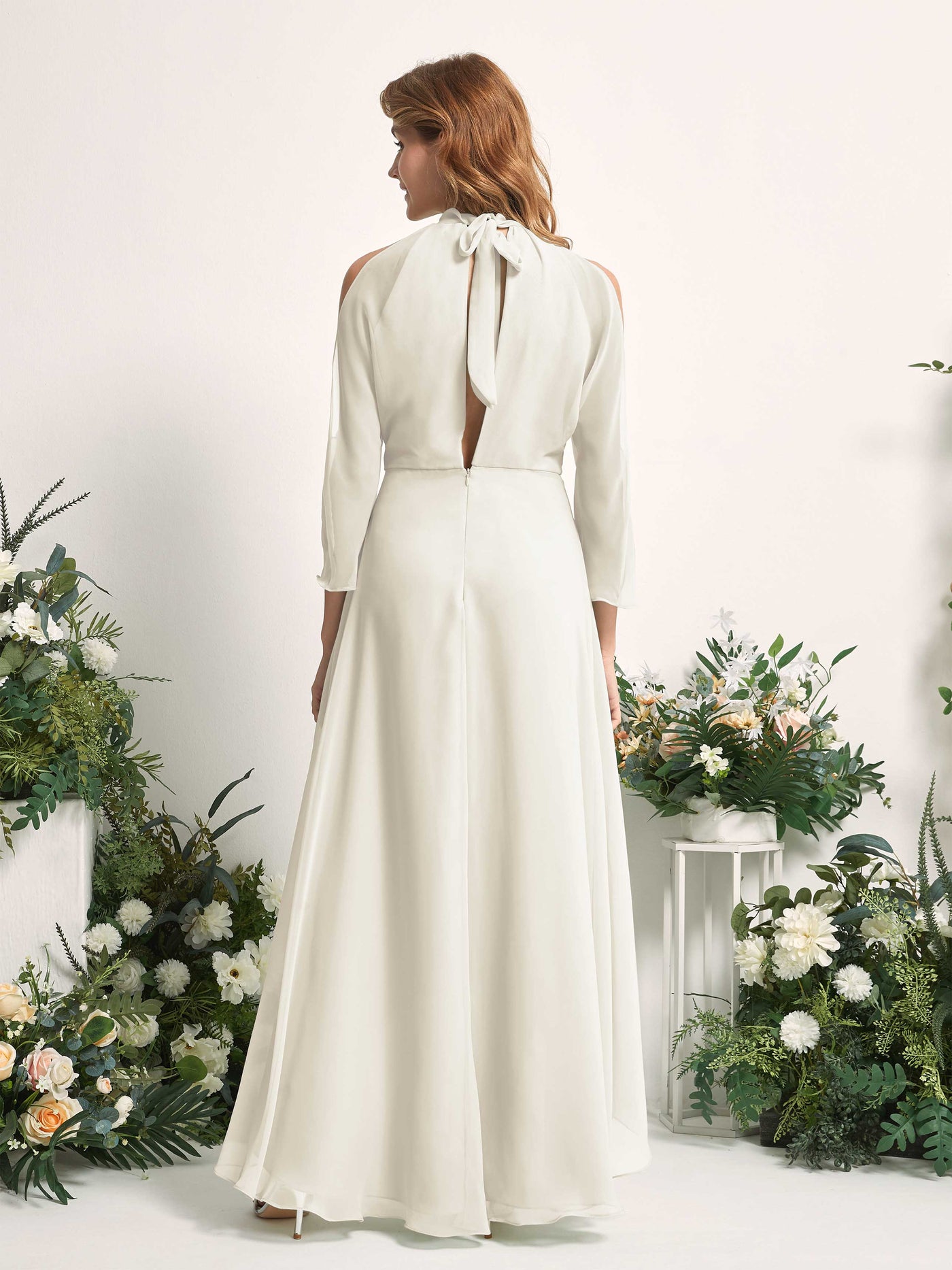 Carlyna A-Linien Brautjungfernkleid Rundhals Bodenlang Chiffon Elfenbein #farbe_elfenbein