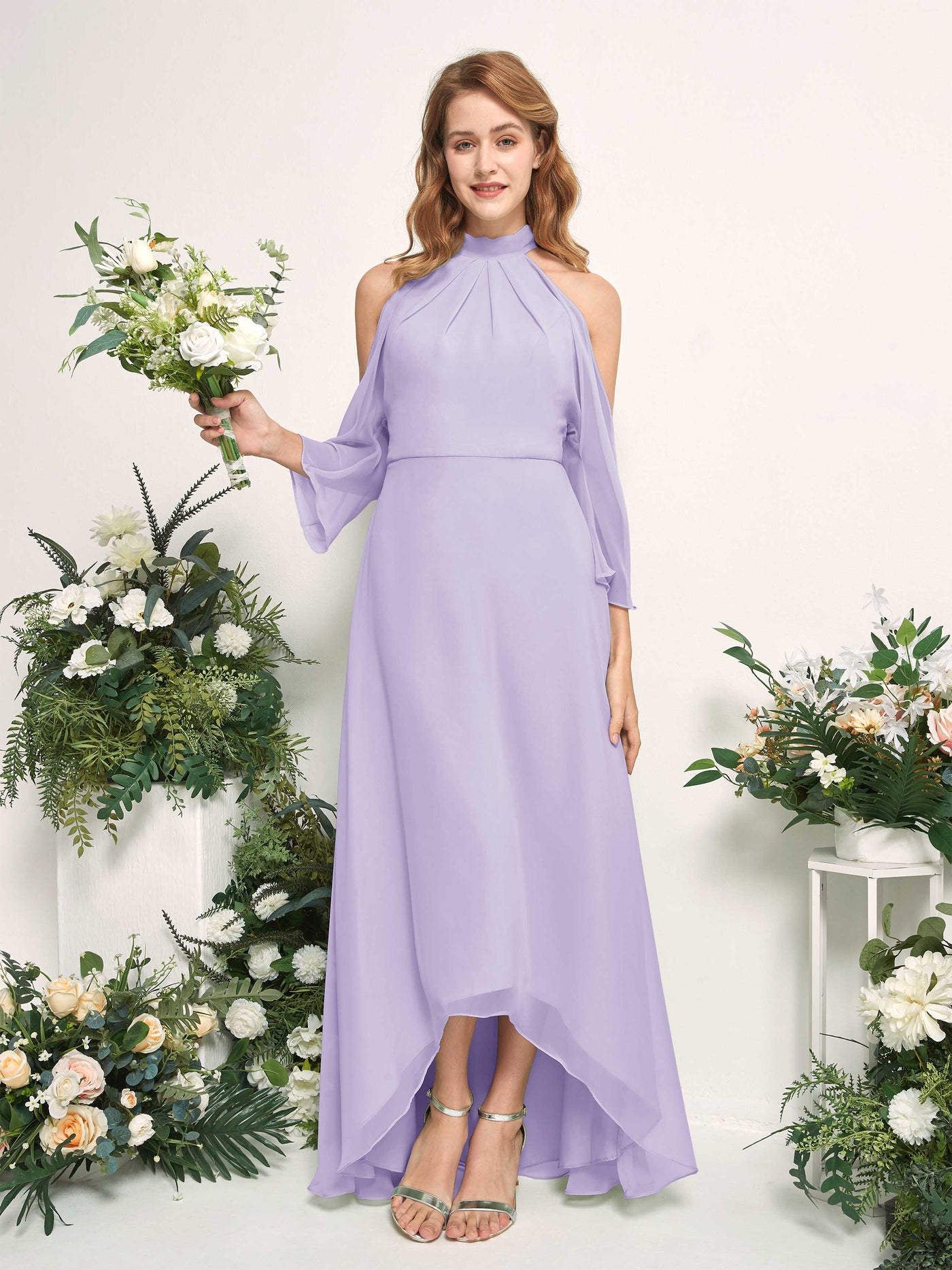 Carlyna A-Linien Brautjungfernkleid Rundhals Bodenlang Chiffon Flieder #farbe_flieder