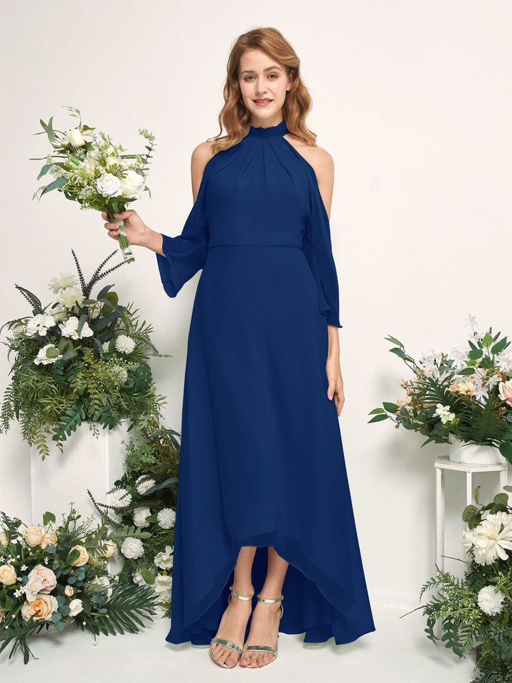 Carlyna A-Linien Brautjungfernkleid Rundhals Bodenlang Chiffon Königsblau 