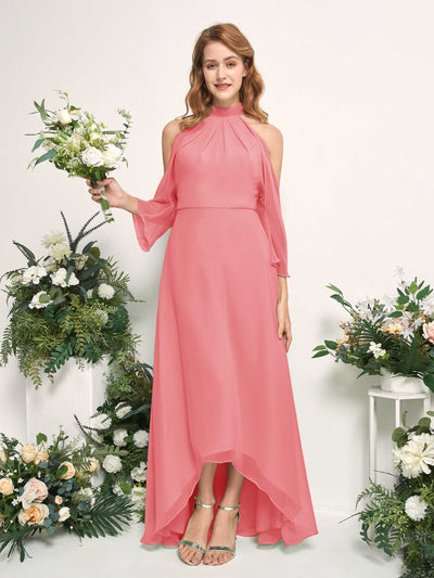 Carlyna A-Linien Brautjungfernkleid Rundhals Bodenlang Chiffon Korallenrosa #farbe_korallenrosa