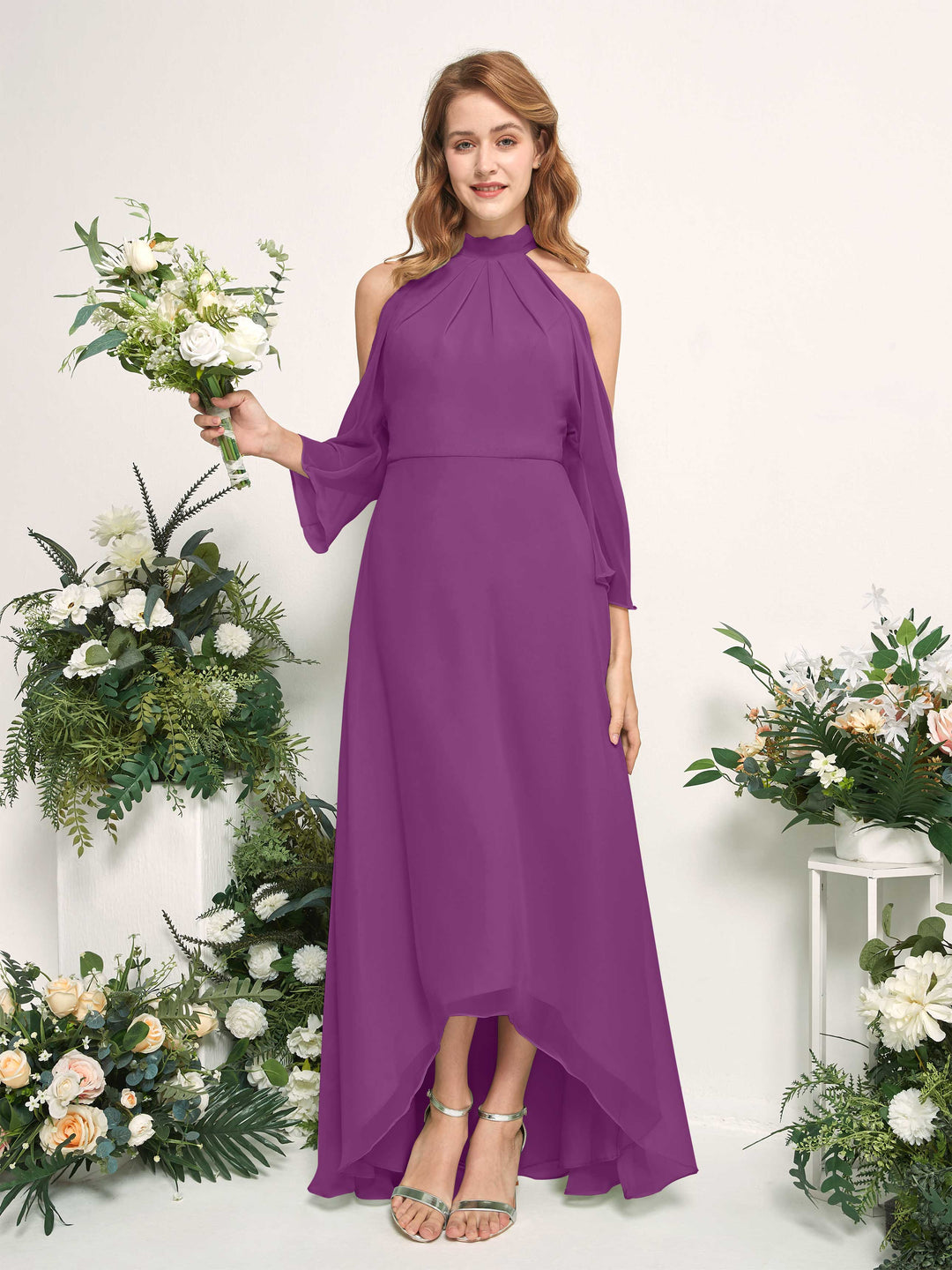 Carlyna A-Linien Brautjungfernkleid Rundhals Bodenlang Chiffon Lila 