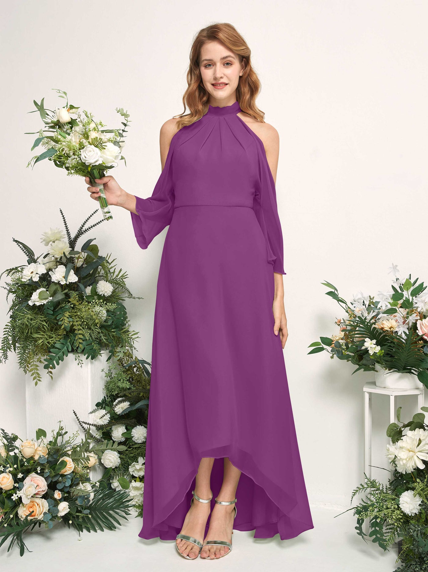 Carlyna A-Linien Brautjungfernkleid Rundhals Bodenlang Chiffon Lila #farbe_lila