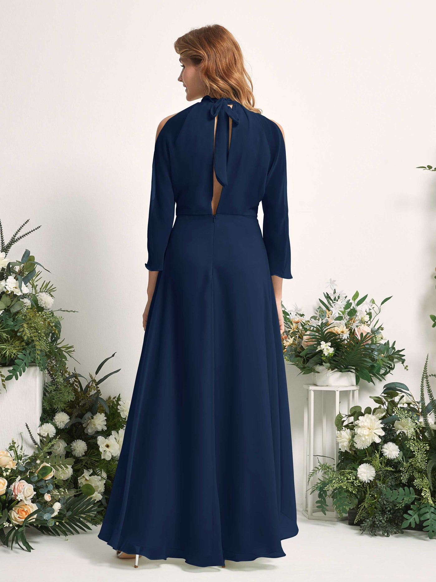 Carlyna A-Linien Brautjungfernkleid Rundhals Bodenlang Chiffon Marineblau #farbe_marineblau