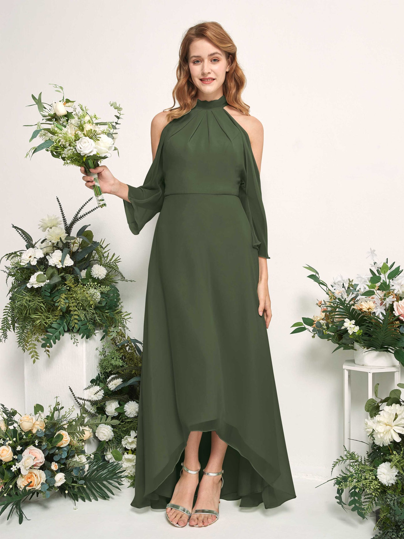 Carlyna A-Linien Brautjungfernkleid Rundhals Bodenlang Chiffon Martini-Olive #farbe_martini-olive