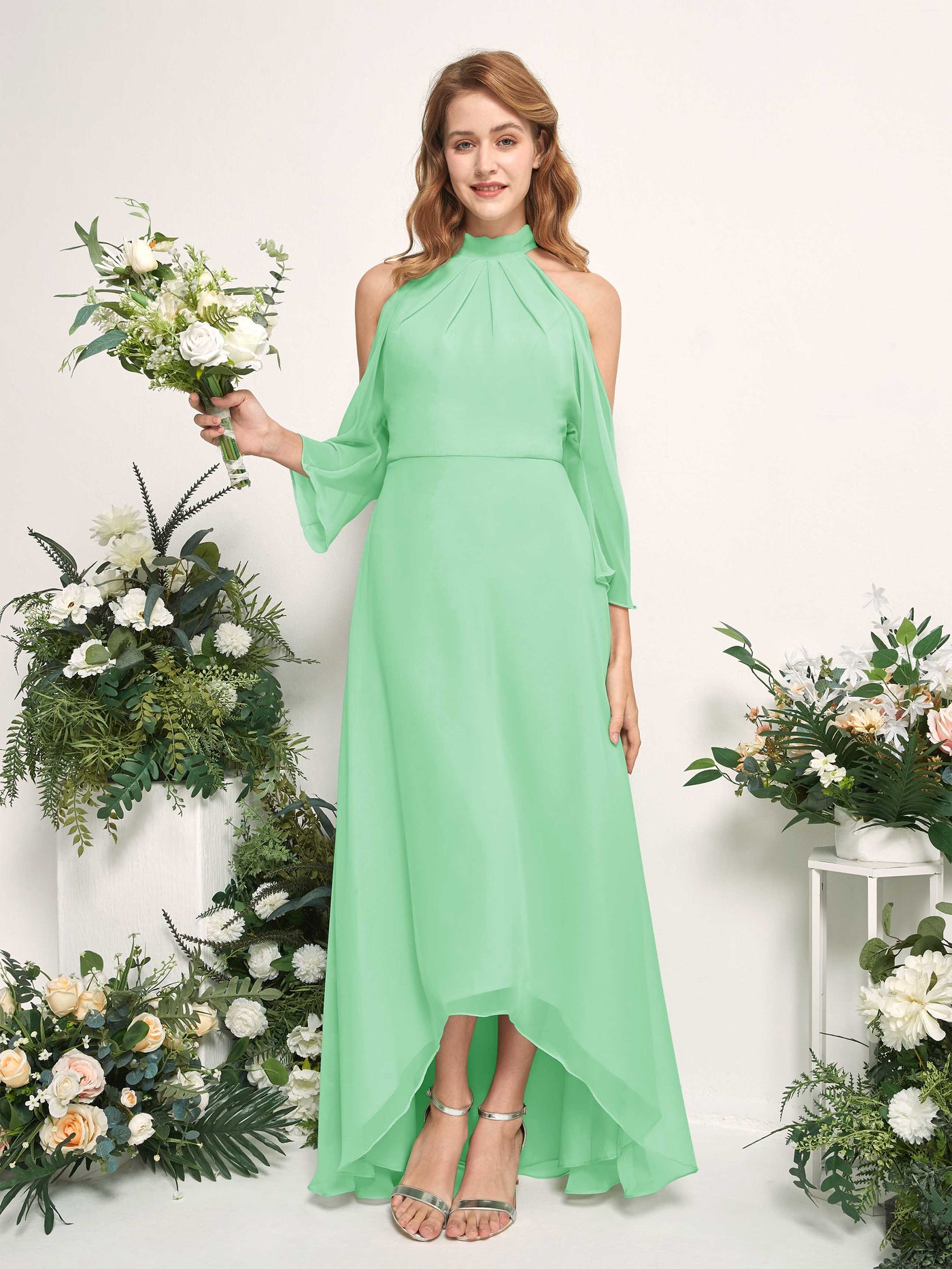 Carlyna A-Linien Brautjungfernkleid Rundhals Bodenlang Chiffon Minzgrün #farbe_minzgr-n