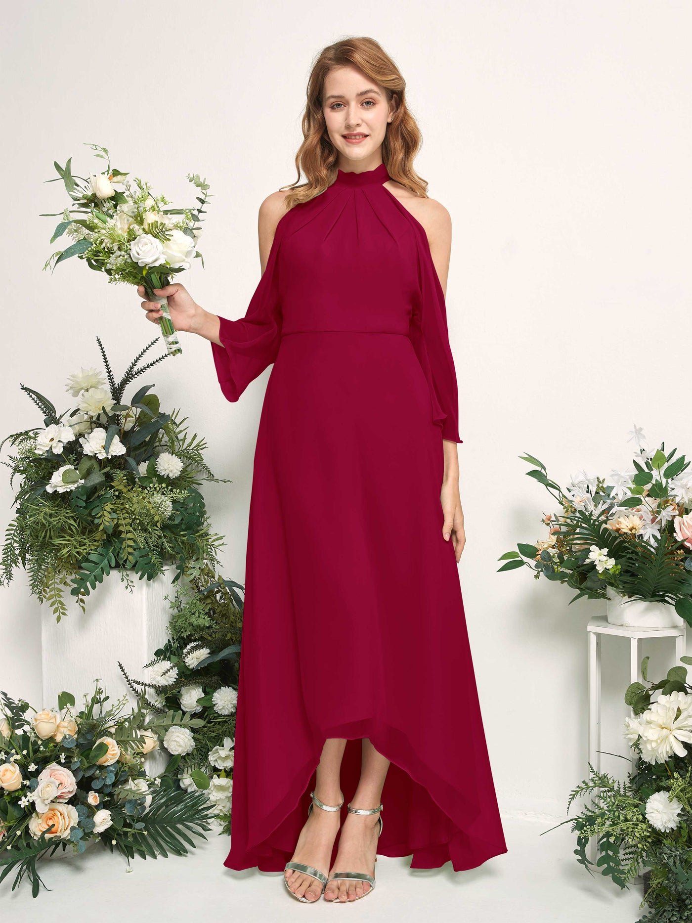 Carlyna A-Linien Brautjungfernkleid Rundhals Bodenlang Chiffon Narrenrot #farbe_narrenrot