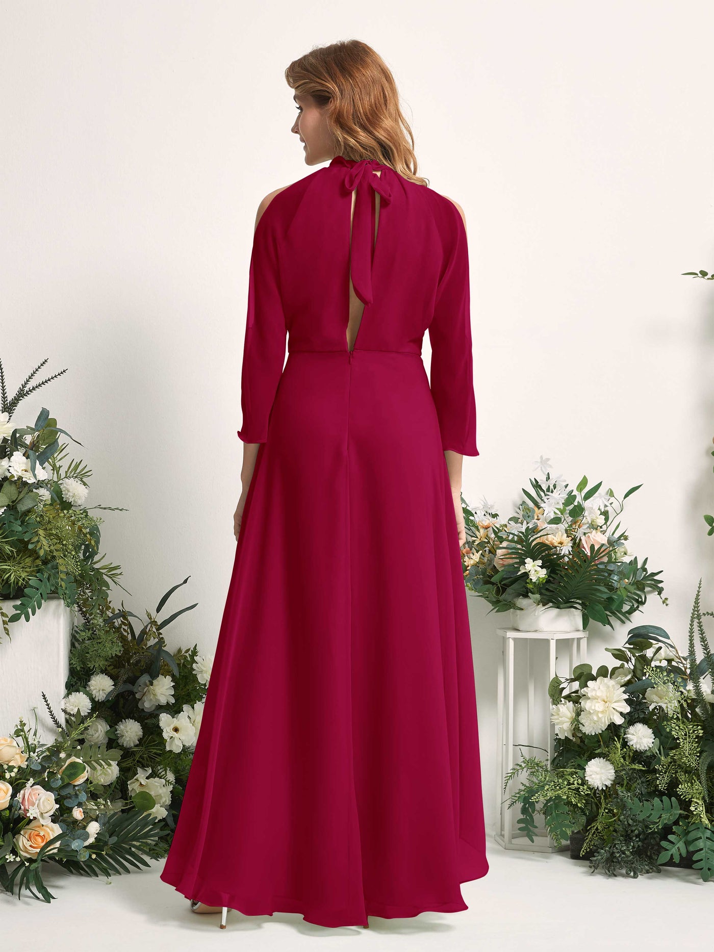 Carlyna A-Linien Brautjungfernkleid Rundhals Bodenlang Chiffon Narrenrot #farbe_narrenrot