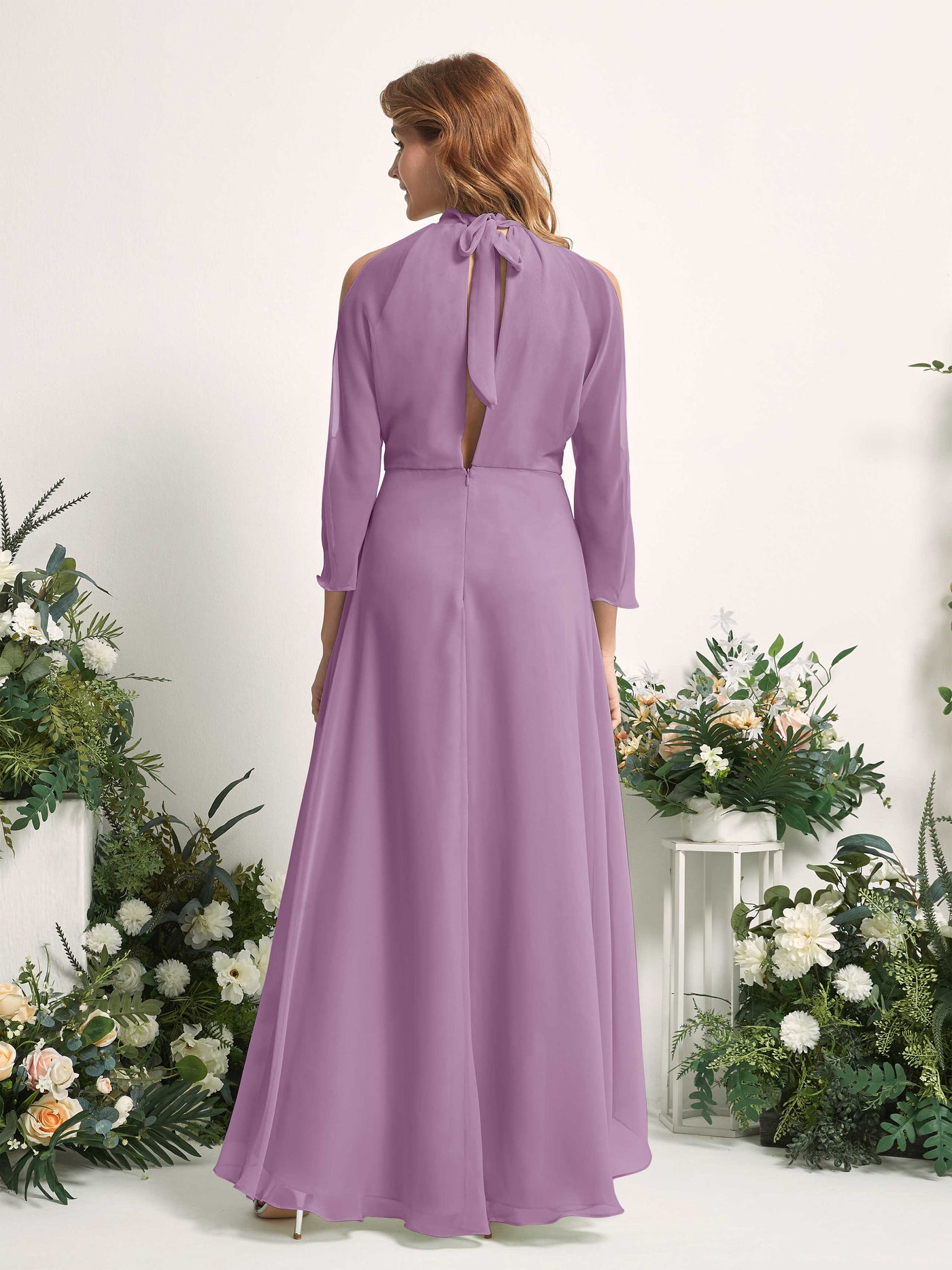 Carlyna A-Linien Brautjungfernkleid Rundhals Bodenlang Chiffon Orchideen-Nebel #farbe_orchideen-nebel