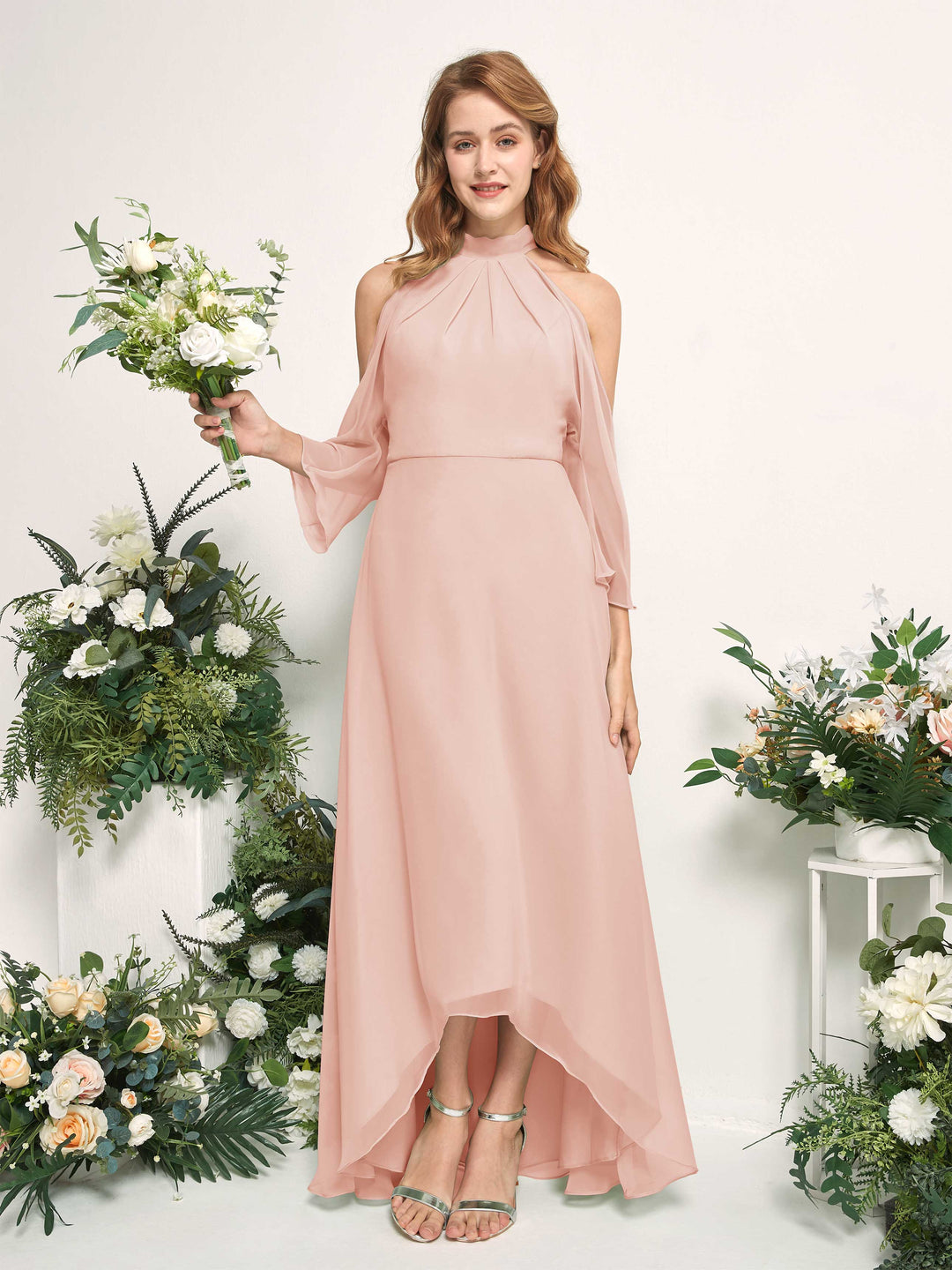 Carlyna A-Linien Brautjungfernkleid Rundhals Bodenlang Chiffon Perlrosa 
